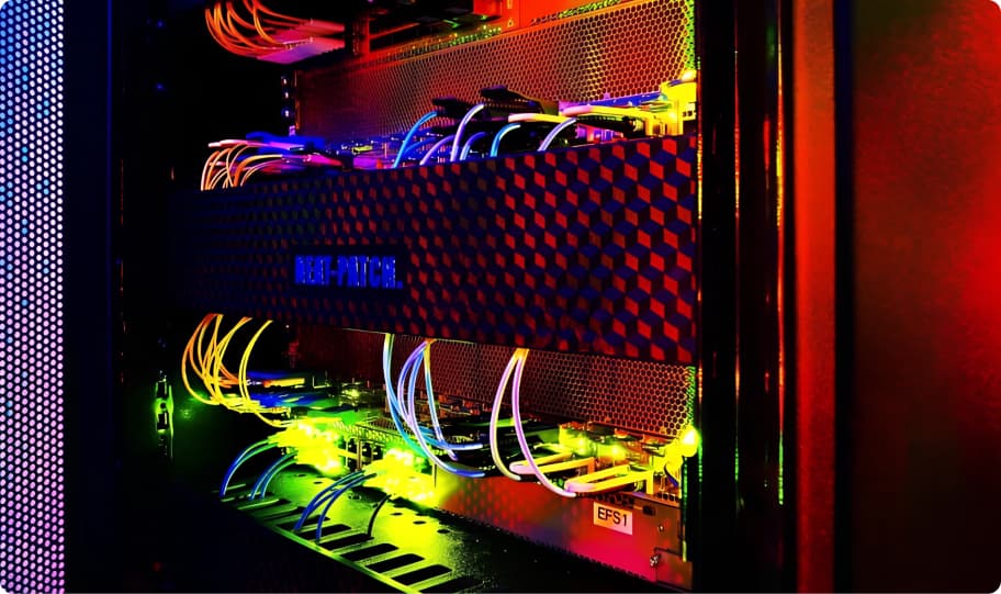 High-performance server racks with colorful cabling